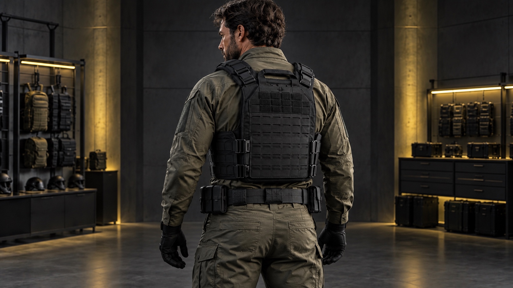 Modular plate carrier and tactical belt in a product development showroom